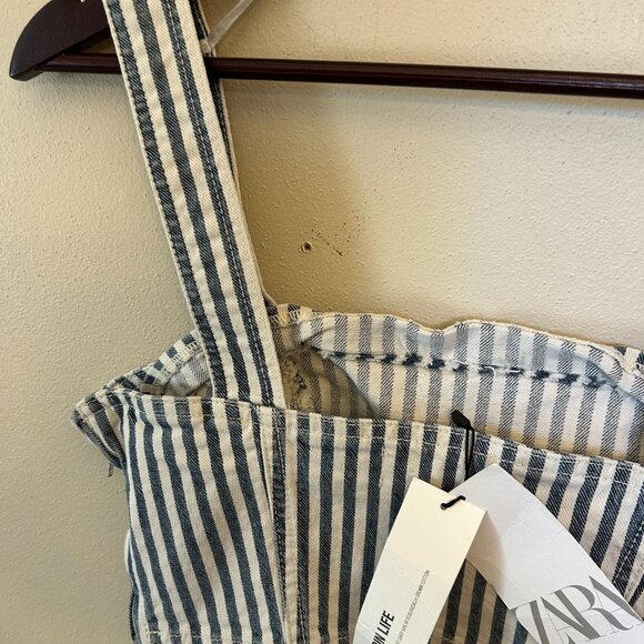 NWT Zara Denim Crop Top White Blue Striped Side Zipper Size Medium - Picture 6 of 15